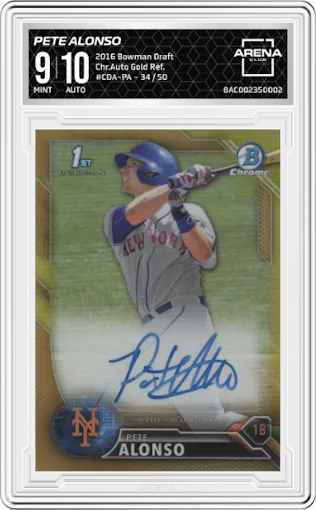 Pete Alonso from the 2016 Bowman Draft set featuring a Gold Refractor parallel graded by Arena Club and given an overall grade of 9.