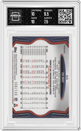 Tom Brady from the 2013 Topps Chrome set featuring a Blue Refractor parallel graded by Arena Club and given an overall grade of 8.