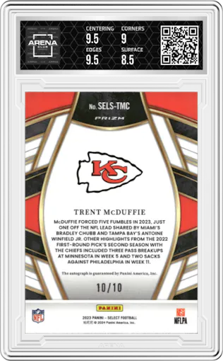 Trent McDuffie from the 2023 Panini Select set featuring a Gold Prizm parallel graded by Arena Club and given an overall grade of 9.