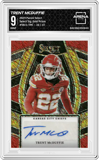 Trent McDuffie from the 2023 Panini Select set featuring a Gold Prizm parallel graded by Arena Club and given an overall grade of 9.