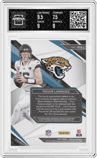 Trevor Lawrence from the 2021 Panini Limited set graded by Arena Club and given an overall grade of 8.