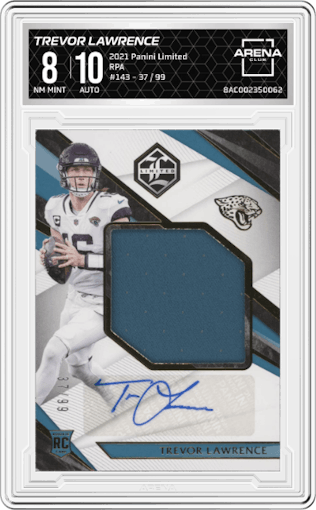 Trevor Lawrence from the 2021 Panini Limited set graded by Arena Club and given an overall grade of 8.