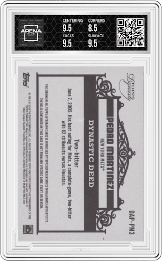 Pedro Martinez from the 2020 Topps Dynasty set graded by Arena Club and given an overall grade of 9.