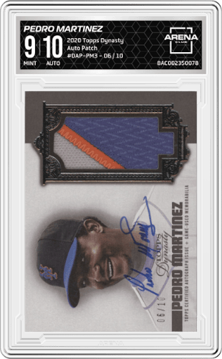 Pedro Martinez from the 2020 Topps Dynasty set graded by Arena Club and given an overall grade of 9.