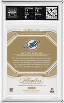 De’Von Achane from the 2023 Panini Flawless set featuring a Silver parallel and given an overall grade of 9.