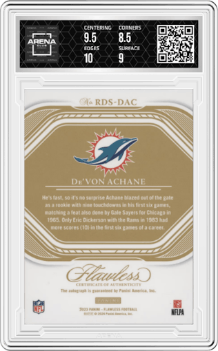 De’Von Achane from the 2023 Panini Flawless set featuring a Silver parallel graded by Arena Club and given an overall grade of 9.