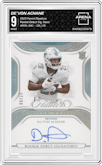 De’Von Achane from the 2023 Panini Flawless set featuring a Silver parallel graded by Arena Club and given an overall grade of 9.