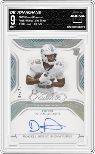 De’Von Achane from the 2023 Panini Flawless set featuring a Silver parallel graded by Arena Club and given an overall grade of 9.