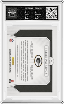 Aaron Rodgers/Jordy Nelson from the 2022 Panini National Treasures set graded by Arena Club and given an overall grade of 9.