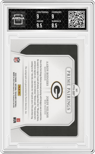 Aaron Rodgers/Jordy Nelson from the 2022 Panini National Treasures set graded by Arena Club and given an overall grade of 9.