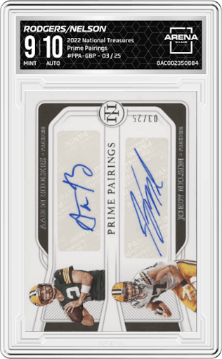 Aaron Rodgers/Jordy Nelson from the 2022 Panini National Treasures set graded by Arena Club and given an overall grade of 9.