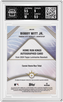 Bobby Witt Jr. from the 2024 Topps Luminaries set featuring a Red parallel graded by Arena Club and given an overall grade of 9.5.