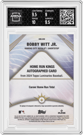 Bobby Witt Jr. from the 2024 Topps Luminaries set featuring a Red parallel graded by Arena Club and given an overall grade of 9.5.