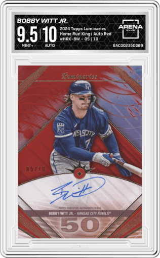 Bobby Witt Jr. from the 2024 Topps Luminaries set featuring a Red parallel graded by Arena Club and given an overall grade of 9.5.
