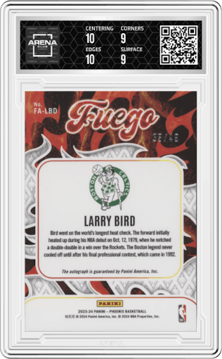 Larry Bird from the 2023-24 Panini Phoenix set graded by Arena Club and given an overall grade of 9.5.
