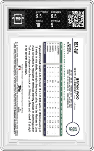 Bryan Woo from the 2024 Topps Chrome Logofractor set featuring a Gold Refractor parallel graded by Arena Club and given an overall grade of 9.5.