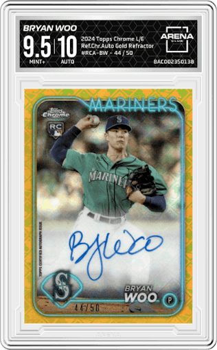 Bryan Woo from the 2024 Topps Chrome Logofractor set featuring a Gold Refractor parallel graded by Arena Club and given an overall grade of 9.5.