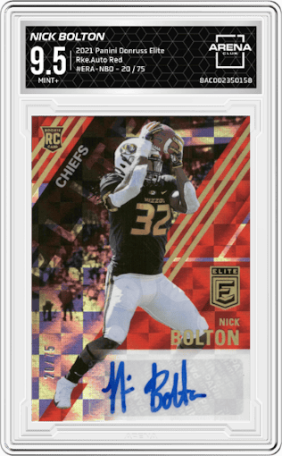 Nick Bolton from the 2021 Panini Donruss Elite set featuring a Red parallel graded by Arena Club and given an overall grade of 9.5.