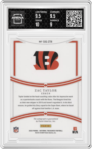 Zac Taylor from the 2023 Panini National Treasures set featuring a Emerald parallel graded by Arena Club and given an overall grade of 9.5.