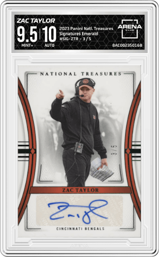 Zac Taylor from the 2023 Panini National Treasures set featuring a Emerald parallel graded by Arena Club and given an overall grade of 9.5.