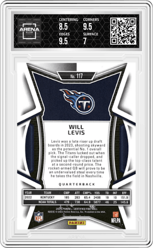 Will Levis from the 2023 Panini Certified set featuring a Purple Mirror parallel graded by Arena Club and given an overall grade of 7.5.