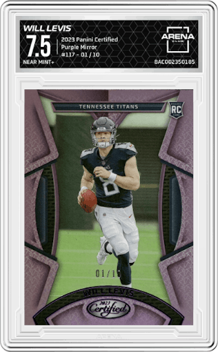 Will Levis from the 2023 Panini Certified set featuring a Purple Mirror parallel graded by Arena Club and given an overall grade of 7.5.