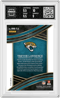 Trevor Lawrence from the 2023 Panini Select set featuring a Tie-Dye parallel graded by Arena Club and given an overall grade of 9.5.