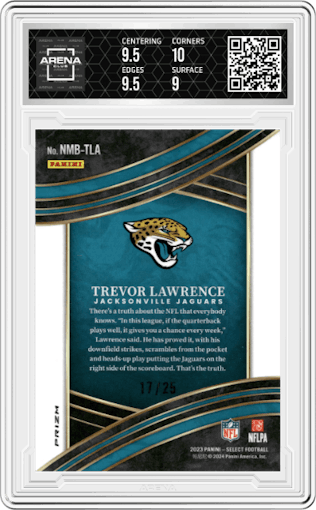 Trevor Lawrence from the 2023 Panini Select set featuring a Tie-Dye parallel graded by Arena Club and given an overall grade of 9.5.