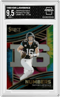 Trevor Lawrence from the 2023 Panini Select set featuring a Tie-Dye parallel graded by Arena Club and given an overall grade of 9.5.