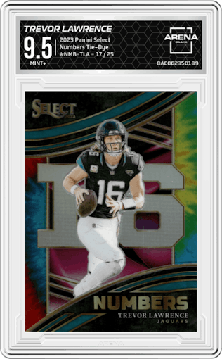 Trevor Lawrence from the 2023 Panini Select set featuring a Tie-Dye parallel graded by Arena Club and given an overall grade of 9.5.