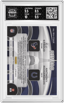 C.J. Stroud/Anthony Richardson from the 2023 Panini Spectra set featuring a Hyper parallel graded by Arena Club and given an overall grade of 9.