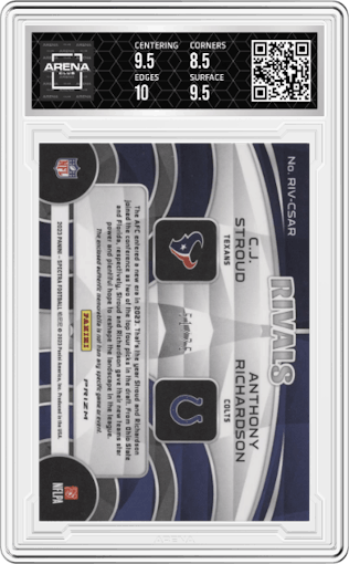 C.J. Stroud/Anthony Richardson from the 2023 Panini Spectra set featuring a Hyper parallel graded by Arena Club and given an overall grade of 9.