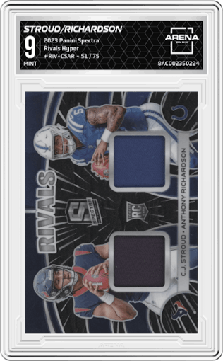 C.J. Stroud/Anthony Richardson from the 2023 Panini Spectra set featuring a Hyper parallel graded by Arena Club and given an overall grade of 9.
