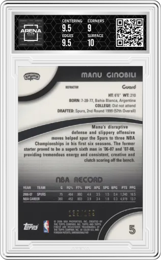 Manu Ginobili	 from the 2007-08 Topps Finest set featuring a Blue Refractor parallel graded by Arena Club and given an overall grade of 9.5.