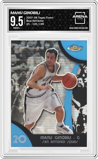 Manu Ginobili	 from the 2007-08 Topps Finest set featuring a Blue Refractor parallel graded by Arena Club and given an overall grade of 9.5.