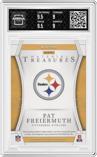 Pat Freiermuth from the 2022 Panini National Treasures set graded by Arena Club and given an overall grade of 9.5.
