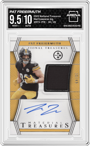 Pat Freiermuth from the 2022 Panini National Treasures set graded by Arena Club and given an overall grade of 9.5.