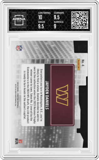 Jayden Daniels from the 2024 Panini Prestige  set graded by Arena Club and given an overall grade of 9.5.