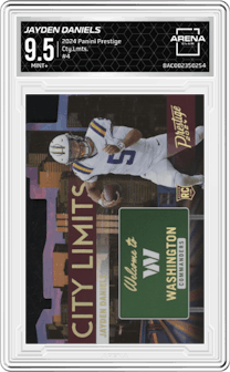 Jayden Daniels from the 2024 Panini Prestige  set graded by Arena Club and given an overall grade of 9.5.