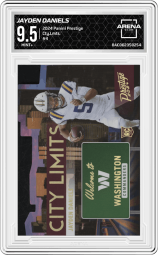 Jayden Daniels from the 2024 Panini Prestige  set graded by Arena Club and given an overall grade of 9.5.