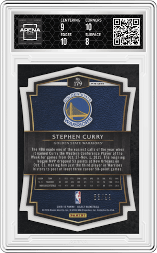 Stephen Curry from the 2015-16 Panini Select  set featuring a Die-Cut Purple  parallel graded by Arena Club and given an overall grade of 8.5.