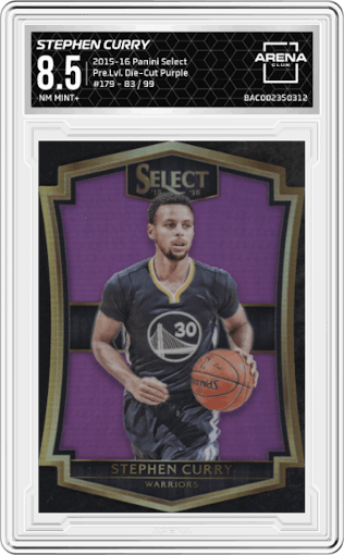 Stephen Curry from the 2015-16 Panini Select  set featuring a Die-Cut Purple  parallel graded by Arena Club and given an overall grade of 8.5.