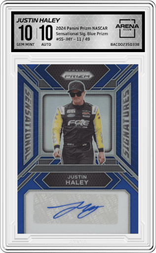 Justin Haley from the 2024 Panini Prizm NASCAR set featuring a Blue Prizm parallel graded by Arena Club and given an overall grade of 10.