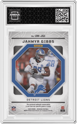 Jahmyr Gibbs from the 2023 Panini Obsidian set featuring a Electric Etch Deep Sea Mojo parallel graded by Arena Club.