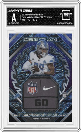 Jahmyr Gibbs from the 2023 Panini Obsidian set featuring a Electric Etch Deep Sea Mojo parallel graded by Arena Club.