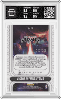 Victor Wembanyama from the 2023-24 Panini Phoenix set featuring a Red parallel graded by Arena Club and given an overall grade of 9.5.