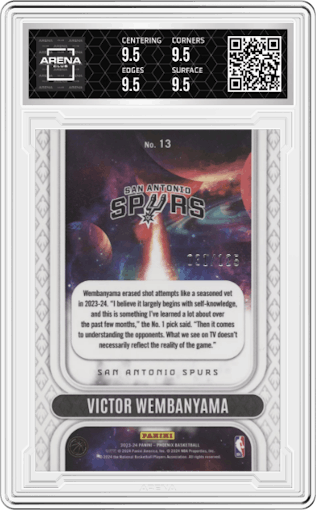 Victor Wembanyama from the 2023-24 Panini Phoenix set featuring a Red parallel graded by Arena Club and given an overall grade of 9.5.