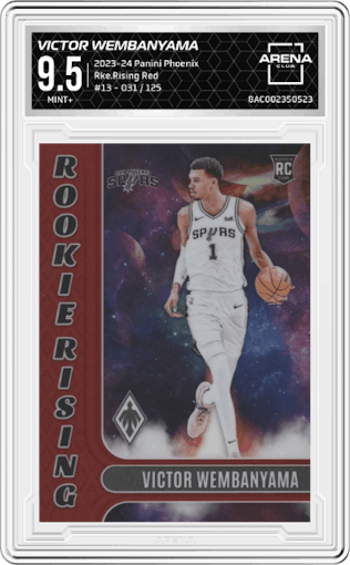 Victor Wembanyama from the 2023-24 Panini Phoenix set featuring a Red parallel graded by Arena Club and given an overall grade of 9.5.