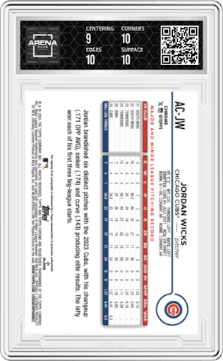 Jordan Wicks from the 2024 Topps Chrome Update set featuring a Gold Wave Refractor parallel graded by Arena Club and given an overall grade of 9.5.