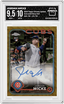 Jordan Wicks from the 2024 Topps Chrome Update set featuring a Gold Wave Refractor parallel graded by Arena Club and given an overall grade of 9.5.